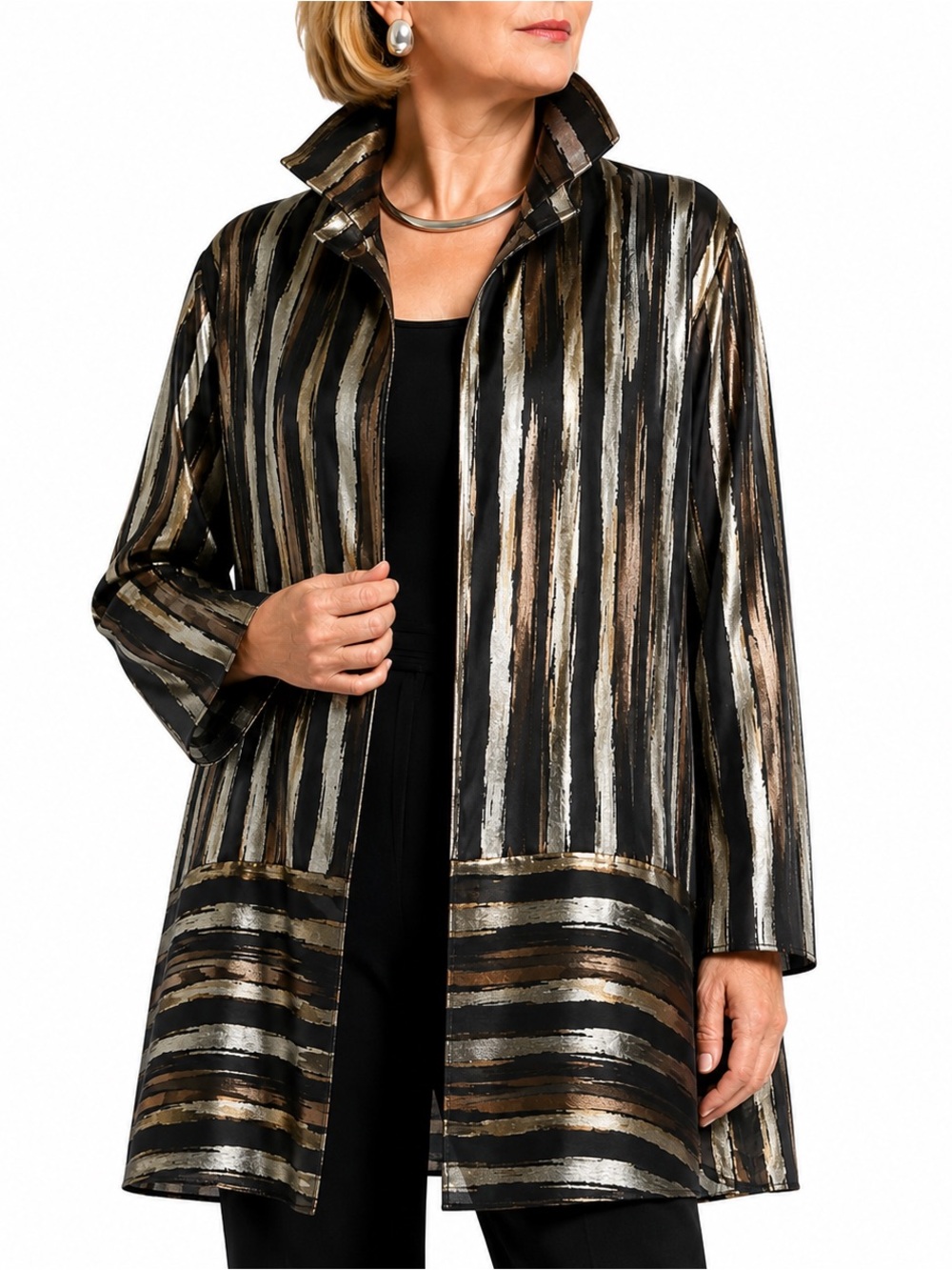 Caroline Rose Metallic Brushstroke Open Jacket Wire Collar $590. Silk Trim USA 3